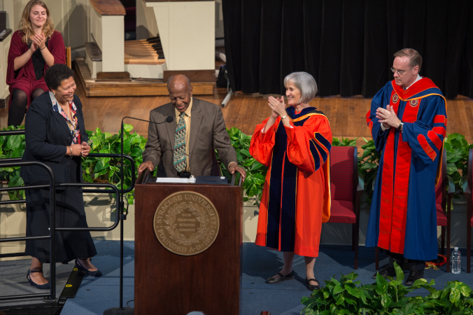 Syeisha Byrd, Michele Wheatly and Chancellor Syverud presenting awards, One University Awards Ceremony