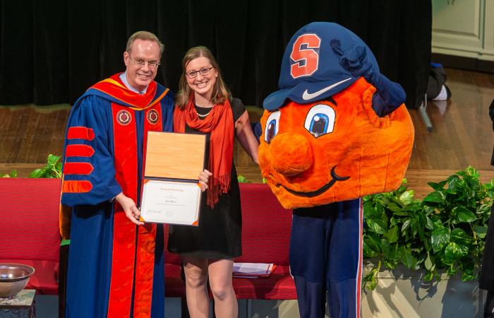 Chancellor Kent Syverud, Julie Walas and mascot Otto the Orange, One University Awards 2018